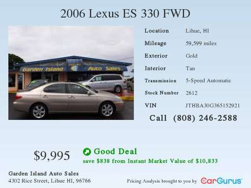 2006 LEXUS ES330 New OFF ISLAND Arrival One Owner Weekend !SOLD! for sale in Lihue, HI
