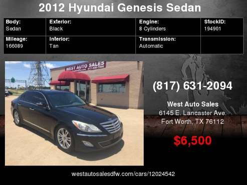 2012 Hyundai Genesis 4dr Sdn V8 5.0L Leather,sunroof navigation 6500... for sale in Fort Worth, TX