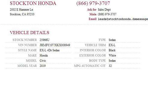 2019 Honda Civic EX-L SKU: 25966U Honda Civic EX-L for sale in Stockton, CA