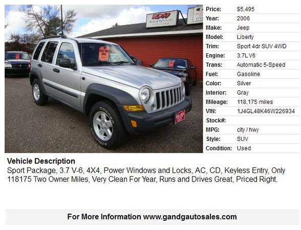 2006 Jeep Liberty Sport 4dr SUV 4WD 118175 Miles for sale in Merrill, WI – photo 2