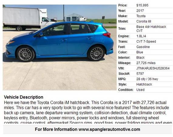 2017 TOYOTA COROLLA IM HATCHBACK*27K MILES*BACKUP CAM*GREAT MPG*CLEAN! for sale in Glidden, IA – photo 2