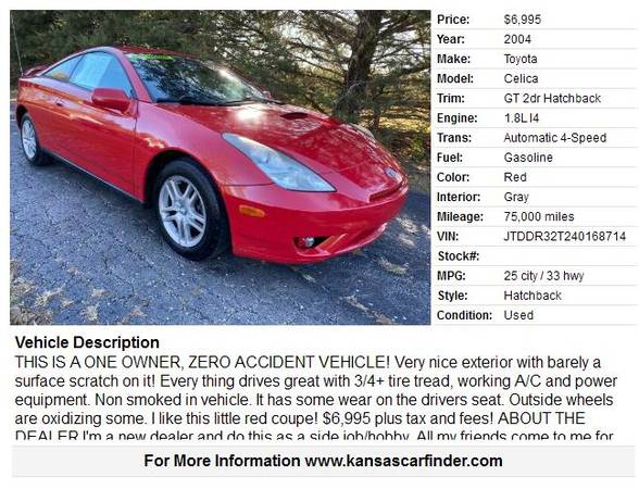 TOYOTA CELICA **75,000 MILES**1OWNER 0ACCIDENT RED SPORTS... for sale in VALLLEY FALLS, MO – photo 2