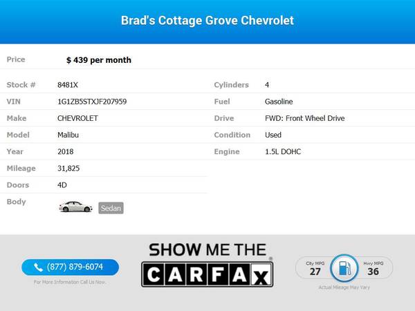 439/mo - 2018 Chevrolet Malibu LS - - by dealer for sale in Cottage Grove, OR – photo 2