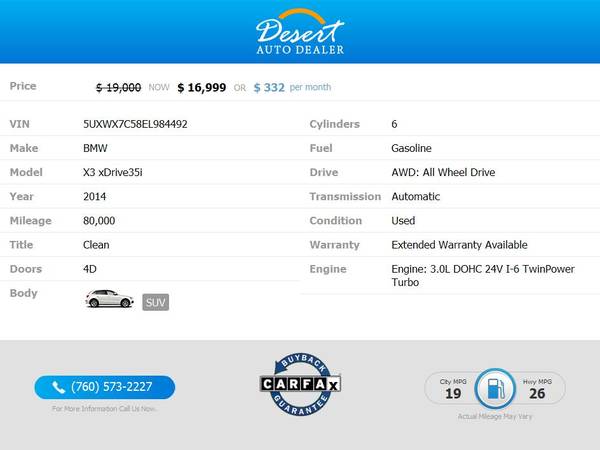 2014 BMW *X3* *X 3* *X-3* *xDrive35i* *xDrive 35 i* *xDrive-35-i*... for sale in Palm Desert , CA – photo 2