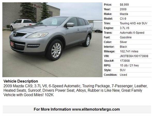 2009 Mazda CX9, AWD, Touring, 7-Pass, Leather, Sun, 102K for sale in Fargo, ND – photo 2