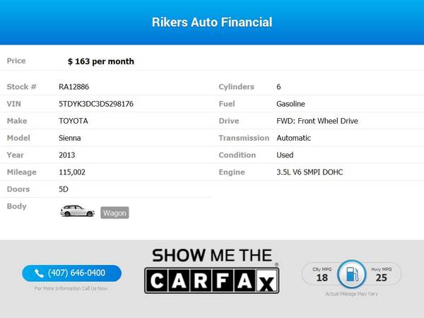 $163/mo - 2013 Toyota Sienna XLE 8 Passenger Passenger Van - 100... for sale in Kissimmee, FL – photo 2