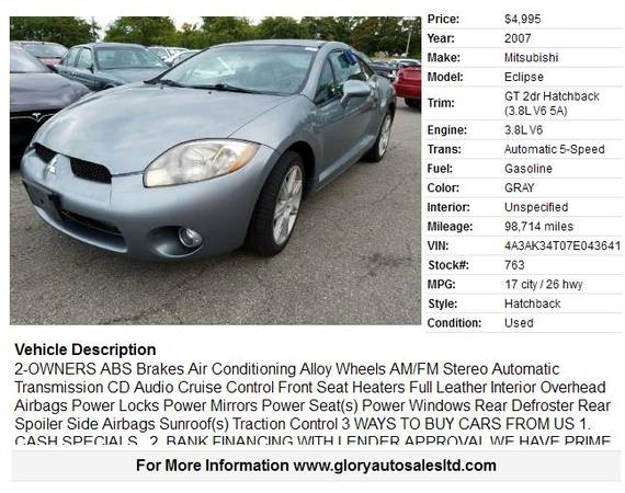 2007 MITSUBISHI ECLIPSE GT 98,000 MILES SUNROOF LEATHER $4995 CASH -... for sale in REYNOLDSBURG, OH – photo 2