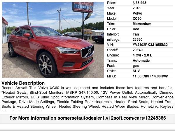 2018 VOLVO XC60 MOMENTUM TRADE-INS WELCOME! WE BUY CARS - cars &... for sale in Somerset, MN – photo 16