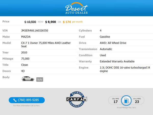 2010 Mazda CX-7 1 Owner 75,000 Miles AWD Leather Seat Touring SUV on... for sale in Palm Desert , CA – photo 2