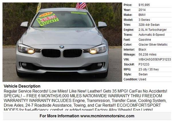 2014 BMW 328i - Low Miles! Like New! Leather! Many Extras! Gets 35 for sale in Athens, TN – photo 2