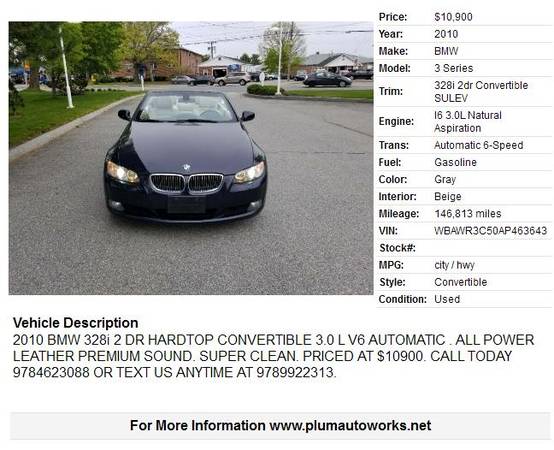 2010 BMW 328i 2 DR HARDTOP CONVERTIBLE 3 0 L V6 AUTOMATIC ALL for sale in Other, NH – photo 2