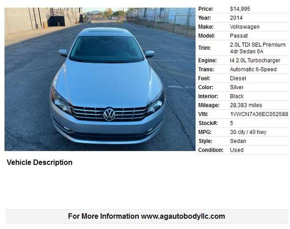 2014 Volkswagen Passat TDI - cars & trucks - by dealer - vehicle... for sale in North Hollywood, CA – photo 2