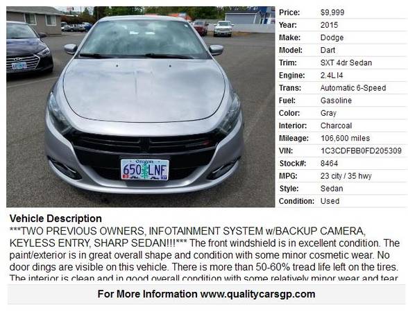 2015 Dodge Dart Rallye 2-OWNER, INFOTAINMT SYSw/BCKUP CAM Sharp for sale in Grants Pass, OR – photo 2