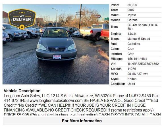 2007 Toyota Corolla CE - - by dealer - vehicle for sale in milwaukee, WI – photo 2