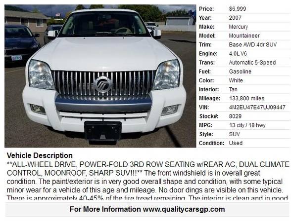 2007 Mercury Mountaineer *AWD, PWR 3RD ROW w/RR AC, MOONRF* Runs GR8! for sale in Grants Pass, OR – photo 2