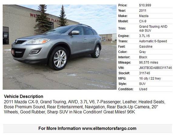 2011 Mazda CX-9 AWD, Grand Touring, 7-Pass, Loaded - cars & trucks -... for sale in Fargo, ND – photo 2