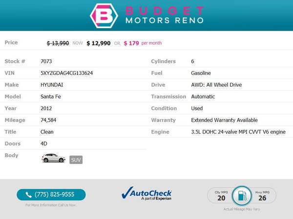 2012 Hyundai Santa Fe GLS SUV 74, 584 204/mo - - by for sale in Reno, NV – photo 2