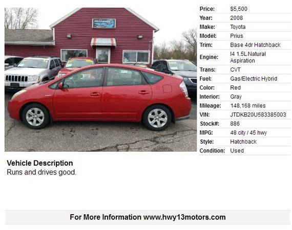 2008 Toyota Prius Base 4dr Hatchback 148168 Miles for sale in Wisconsin dells, WI – photo 2