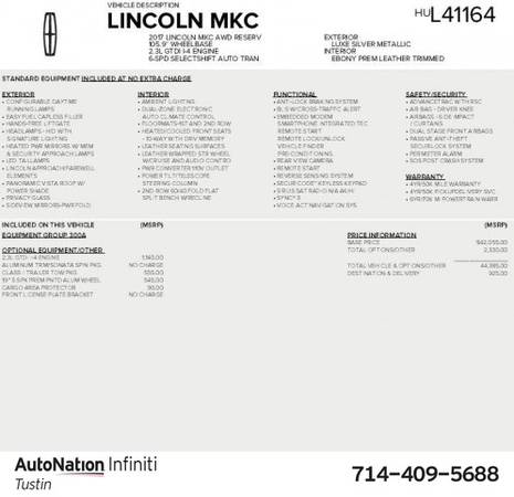 2017 Lincoln MKC Reserve AWD All Wheel Drive SKU:HUL41164 for sale in Tustin, CA – photo 2