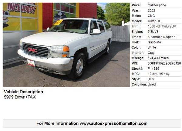 2002 GMC Yukon XL 999 Down TAX Buy Here Pay Here for sale in Hamilton, OH – photo 2