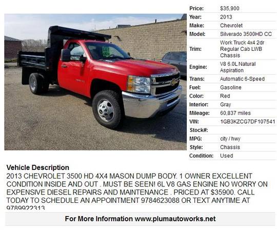 2013 CHEVROLET SILVERADO 3500 HD 4X4 MASON DUMP BODY 1 OWNER - cars for sale in Other, NY – photo 2