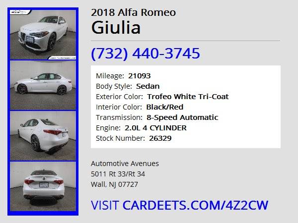 2018 Alfa Romeo Giulia, Trofeo White Tri-Coat - cars & trucks - by... for sale in Wall, NJ – photo 22