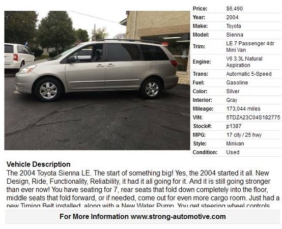 2004 Toyota Sienna LE 7 Passenger 4dr Mini Van for sale in Watertown, WI – photo 12