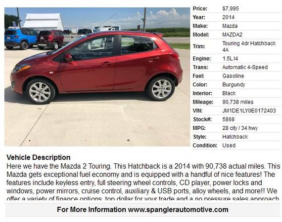 2014 MAZDA 2 TOURING*VERY CLEAN*90K MILES*GREAT MPGS*GREAT RIDE!! for sale in Glidden, IA – photo 2