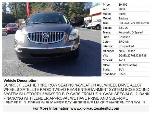 2008 BUICK ENCLAVE AWD 70000 MILE ROOF LTHR 3RD ROW TV/DVD $1000... for sale in REYNOLDSBURG, OH – photo 2