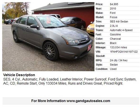 2010 Ford Focus SES 4dr Sedan 133034 Miles - cars & trucks - by... for sale in Merrill, WI – photo 2