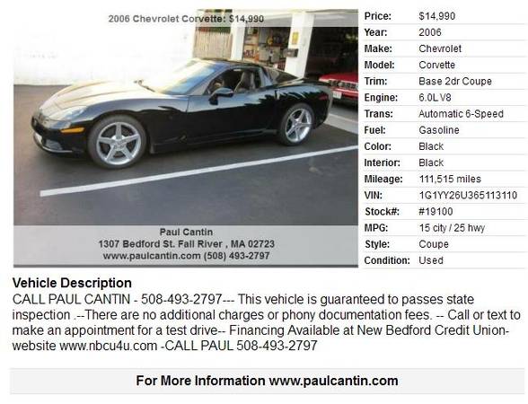 2006 Chevrolet Corvette Coupe Black for sale in Fall River, MA – photo 2