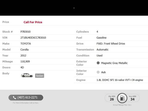 2012 Toyota Corolla L Sedan NO CREDIT CHECK DRIVE TODAY for sale in Maitland, FL – photo 2