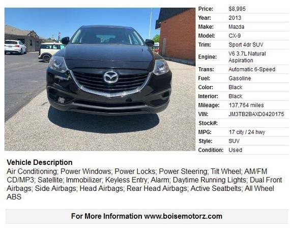 2013 Mazda CX-9 ~~~~~3RD ROW SEATS~~~~~~~GREAT ON GAS for sale in BOISE MOTORZ 5859 W FAIRVIEW AVE 322-392, ID – photo 2
