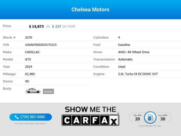 $237/mo - 2014 Cadillac ATS 2.0L Turbo Luxury AWD - Easy Financing!... for sale in Chelsea, MI – photo 2
