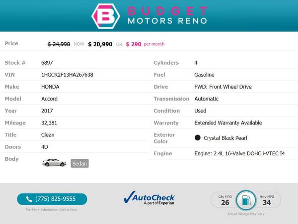2017 Honda Accord Sport SE Sedan 32, 381 355/mo - - by for sale in Reno, NV – photo 2