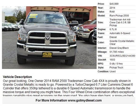 2014 Ram 2500 Tradesman 4x4 Crew Cab Dodge Cummins Diesel - cars & for sale in Citrus Heights, CA – photo 2