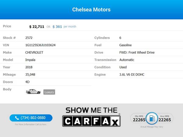 361/mo - 2018 Chevrolet Impala Premier 2LZ 2 LZ 2-LZ - Easy for sale in Chelsea, MI – photo 2