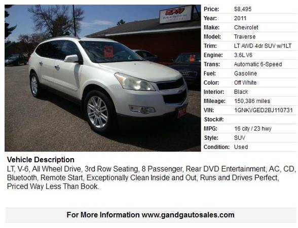 2011 Chevrolet Traverse LT AWD 4dr SUV w/1LT 150386 Miles - cars & for sale in Merrill, WI – photo 2