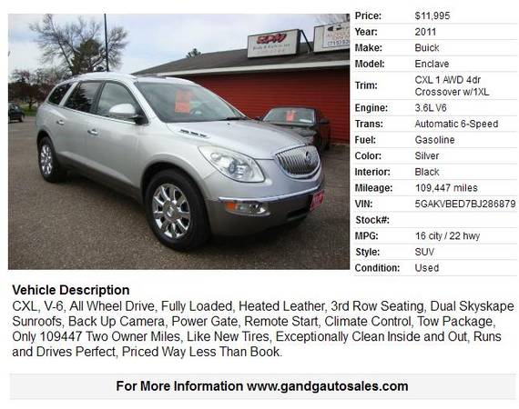 2011 Buick Enclave CXL 1 AWD 4dr Crossover w/1XL 109447 Miles - cars for sale in Merrill, WI – photo 2