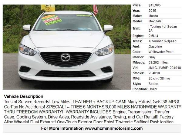 2015 Mazda 6 i Touring - Tons of Service Records! Low Miles! for sale in Athens, TN – photo 2