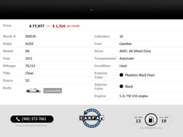 2011 AUDI R8 V10 SPYDER SATIN BLACK for $1,516/mo - WE FINANCE! -... for sale in Scottsdale, AZ – photo 2