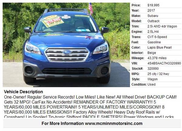 2017 Subaru Outback 2.5i AWD - One-Owner! Low Miles! Like New! 32... for sale in Athens, TN – photo 2