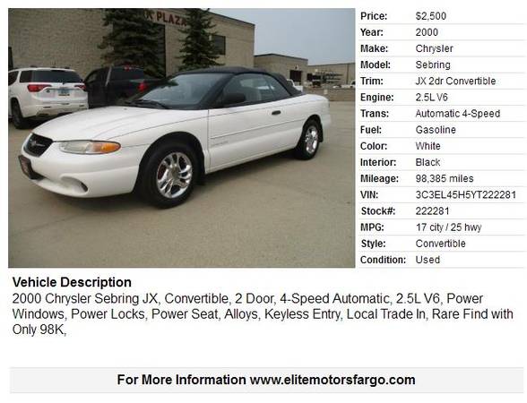2000 Chrysler Sebring Convertible, 2 Door, Only 98K, Sharp! - cars &... for sale in Fargo, ND – photo 2