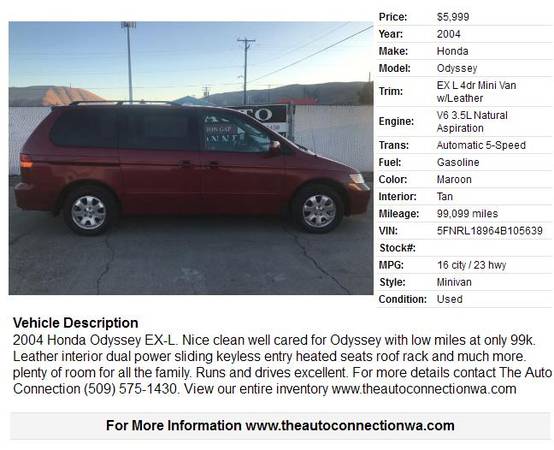 2004 Honda Odyssey EX-L - cars & trucks - by dealer - vehicle... for sale in Union Gap, WA – photo 2