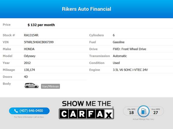 $132/mo - 2012 Honda Odyssey EX-L Passenger Van - 100 Approved! -... for sale in Kissimmee, FL – photo 2
