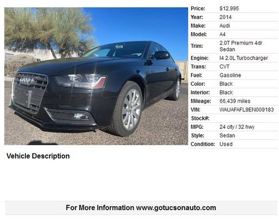 2014 AUDI A4 2 0 TURBO ONLY 66K MILES! LIKE NEW! - cars for sale in Tucson, AZ – photo 2