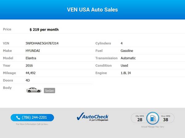 2016 Hyundai Elantra SESedan 6A 6 A 6-A (US) FOR ONLY 219/mo! for sale in Miami, FL – photo 2