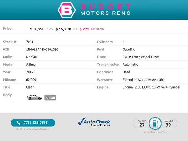 2017 Nissan Altima 2 5 SV Sedan 62, 029 255/mo - - by for sale in Reno, NV – photo 2