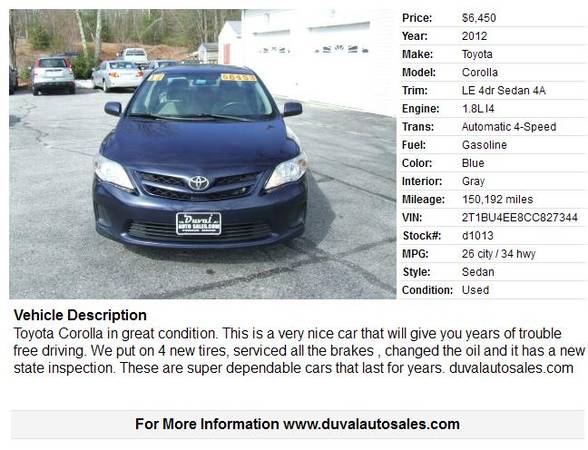 2012 Toyota Corolla LE 4dr Sedan 4A 150192 Miles for sale in Turner, ME – photo 2
