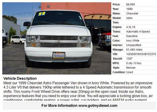 1999 Chevrolet Astro 3dr Passenger Cargo Van - cars & trucks - by... for sale in Citrus Heights, CA – photo 2